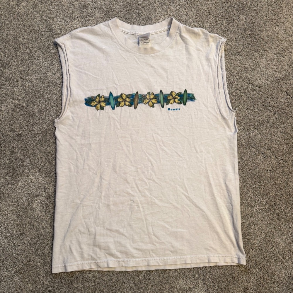 Vintage Hawaii Surfboard Hibiscus Muscle Tee Surf White Cotton Shirt Mens Large